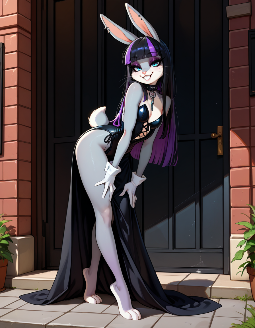 masterpiece, best quality, very aesthetic, absurdres,
outdoors, goth fashion, 
full body, posing, standing, 
seductive smile, parted lips, long eyelashes,
<lora:Goth_Bugs_Bunny_v01_NAIXL:1>
G07h88,1girl,solo,furry,furry female,rabbit girl,rabbit ears,long hair,multicolored hair,black hair,purple hair,blunt bangs,rabbit ears,piercing,blue eyes,makeup,eyeshadow,snout,animal nose,whiskers,buck teeth,collar,body fur,two-tone fur,grey fur,white fur,rabbit tail,