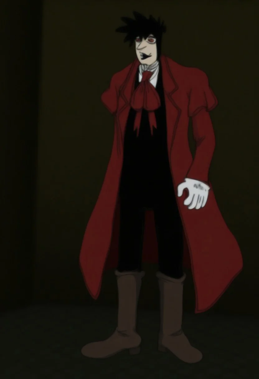 sbhj, bad quality, worst quality, worst detail, Normalucard, solo, 1boy, male focus, black hair, red eyes,red coat, red ascot, white shirt, black jacket, white gloves, black pants, brown boots,