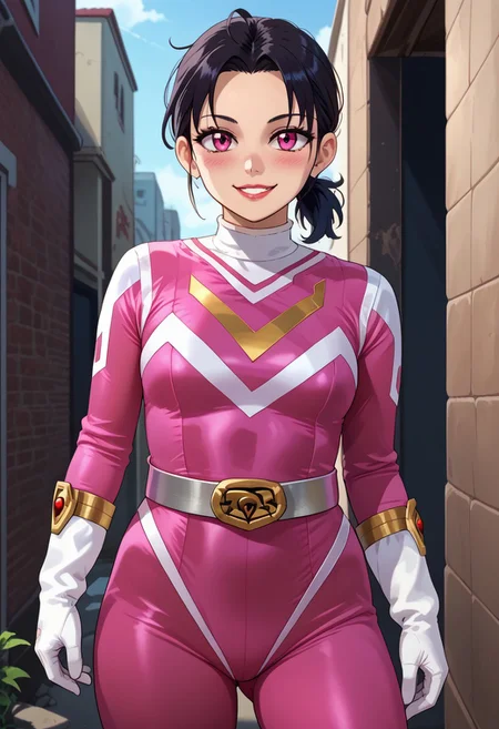 score_9, score_8_up, score_7_up, BREAK,
1girl, solo, BREAK,
sentaisaintforce, pink bodysuit, silver belt, white gloves, spandex, wing-shaped chest symbol, small breasts, helmet removed, no headwear, <lora:Saint_Force:1>, BREAK,
leyleyxl, 1girl, solo, (black hair), ponytail, (white pupils, pink eyes:.6), messy hair, short ponytail, (upper body:.6), BREAK,
smile, blush, looking at viewer, BREAK,
standing BREAK,
outdoors, alley