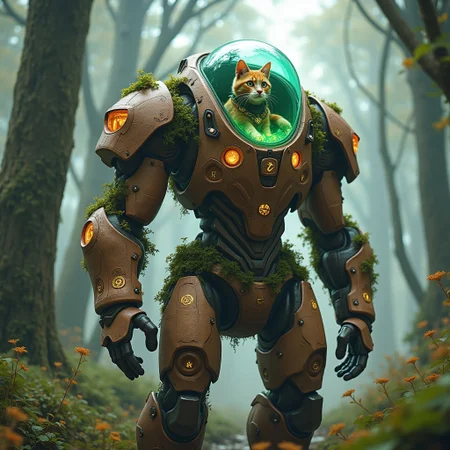 A futuristic humanoid mecha suit designed for battle, inspired by the element of Earth. The suit is piloted by a cat inside a transparent high-tech cockpit. Its armor is made of stone-like plating with moss and vines growing along the surface, giving it an ancient yet advanced appearance. The color scheme consists of earthy tones like brown, green, and bronze, with glowing golden runes etched into the armor. The suit now features glowing crystal formations on its shoulders and arms, adding a mystical energy source. The background has been changed to a lush enchanted forest filled with towering ancient trees, glowing flora, and mystical fog. The cat, a determined feline, is dressed in a druid-like outfit with a small green robe and a mystical rune-engraved collar. Inside the cockpit, the cat holds a magical staff glowing with nature energy, enhancing its connection to the earth. The entire scene has a cinematic and magical atmosphere. Created using: sci-fi concept art, nature-mecha fusion, detailed mechanical rendering, cinematic lighting, ultra-HD quality, dynamic composition, realistic textures.