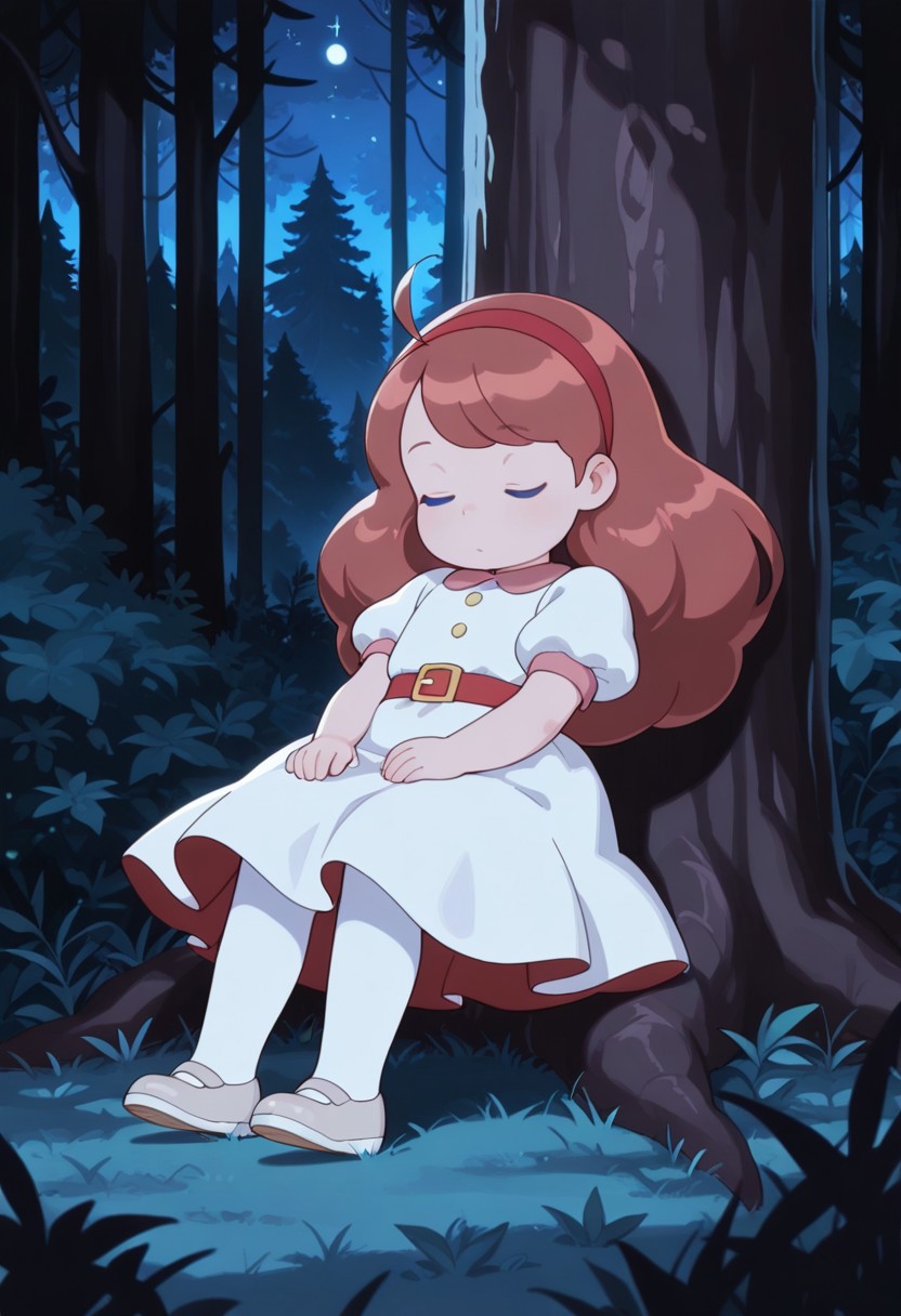 masterpiece,best quality,
bandpc, b33, 1girl, solo, little girl, child, blue eyes, brown hair, long hair, red hairband, red hair bow, white dress, short sleeves, puffy sleeves, red belt, white pantyhose, silver flat shoes, sitting, under a tree, leaning back, hands on lap, eyes closed, sleeping, forest, night, cowboy shot, upper body, closeup,