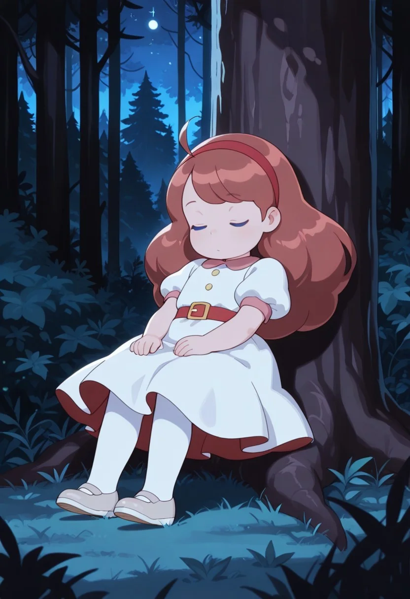 masterpiece,best quality,
bandpc, b33, 1girl, solo, little girl, child, blue eyes, brown hair, long hair, red hairband, red hair bow, white dress, short sleeves, puffy sleeves, red belt, white pantyhose, silver flat shoes, sitting, under a tree, leaning back, hands on lap, eyes closed, sleeping, forest, night, cowboy shot, upper body, closeup,