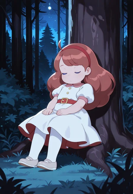 masterpiece,best quality,
bandpc, b33, 1girl, solo, little girl, child, blue eyes, brown hair, long hair, red hairband, red hair bow, white dress, short sleeves, puffy sleeves, red belt, white pantyhose, silver flat shoes, sitting, under a tree, leaning back, hands on lap, eyes closed, sleeping, forest, night, cowboy shot, upper body, closeup,
