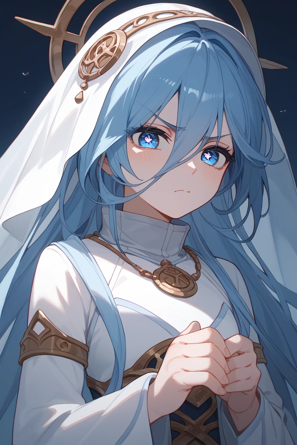 (score_9,score_8_up,score_7_up,),<lora:wushen-000018:0.9>,wushen,blue eyes,symbol-shaped pupils,blue hair,long hair,veil,hair ornament,white dress,jewelry,anklet,pantyhose,white dress,face focus,upper body,disgust,