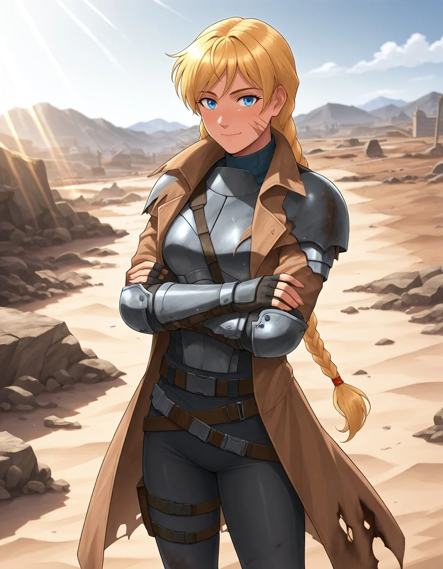 masterpiece, best quality, newest, absurdres, highres, detailed eyes, beautiful, detailed background, perfect eyes, (by leonzo), <lora:SlavYasIll:0.8> SlavYas, SlavYas, long braids, twin braids, hair tie, blonde hair, blue eyes,
RangerArmorStyle, veteran ranger armor, trench coat, grey armor, (torn clothes, damaged clothes:1.2), knee pads, elbow pads, fingerless gloves, scars across body,
(Arms wrapped around the body looking cozy),
slight smile,
wasteland, sand, ruins, (wrecks), buildings, town, woman, looking at viewer, medium breasts, cowboy shot, slim physique, fit, athletic, blurred background, sky, clouds, sunlight, outdoor, detailed, realistic style, bright lighting, summer, nature, casual, sunlight reflection, detailed background, soft shading, smooth textures, semi-realistic, environmental details, scenic,
<lora:Dramatic Lighting Slider:2.5> <lora:add-detail-xl:3> <lora:FNV_Ranger_Armor:1> <lora:Wasteland_Vixens:0.8>