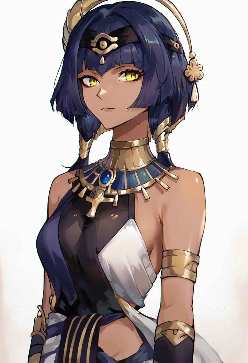 score_9, score_8, score_7, source_anime, ancient egyptian clothes, 1girl, solo, jewelry, looking at viewer, dark-skinned female, yellow eyes, bare shoulders, closed mouth, hairband