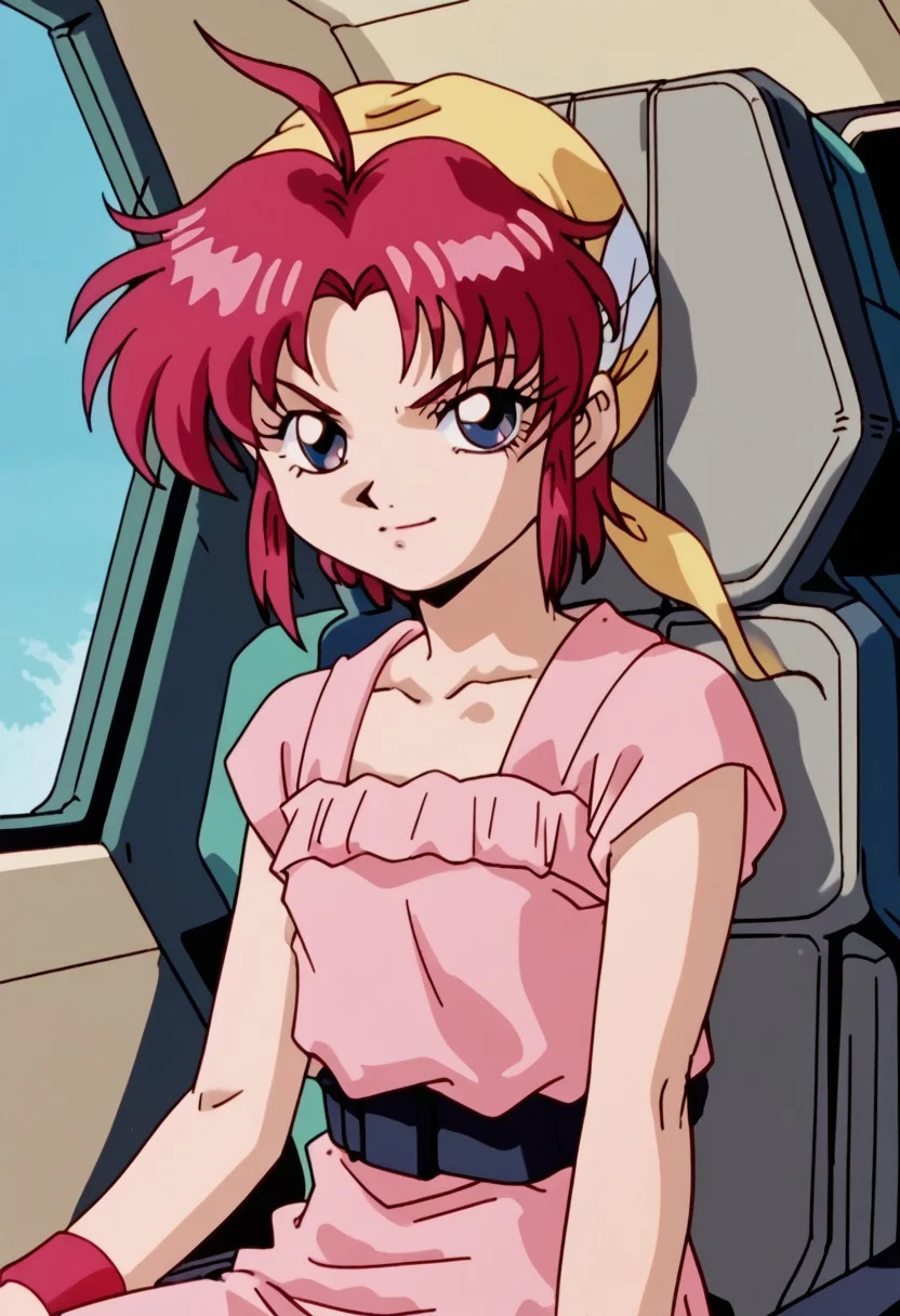 score_8, score_8_up, score_7_up, AWGXS, anime screenshot, retro artstyle,1990s (style), cel animation BREAK 1girl, female focus, solo, Karin_CR, ahoge, yellow bandana, bandana, red hair, short hair, parted bangs, sidelocks, dress, pink dress, belt, wristband, cockpit, straight on, looking at viewer, serious expression, smile, sitting, upper body, rating_safe