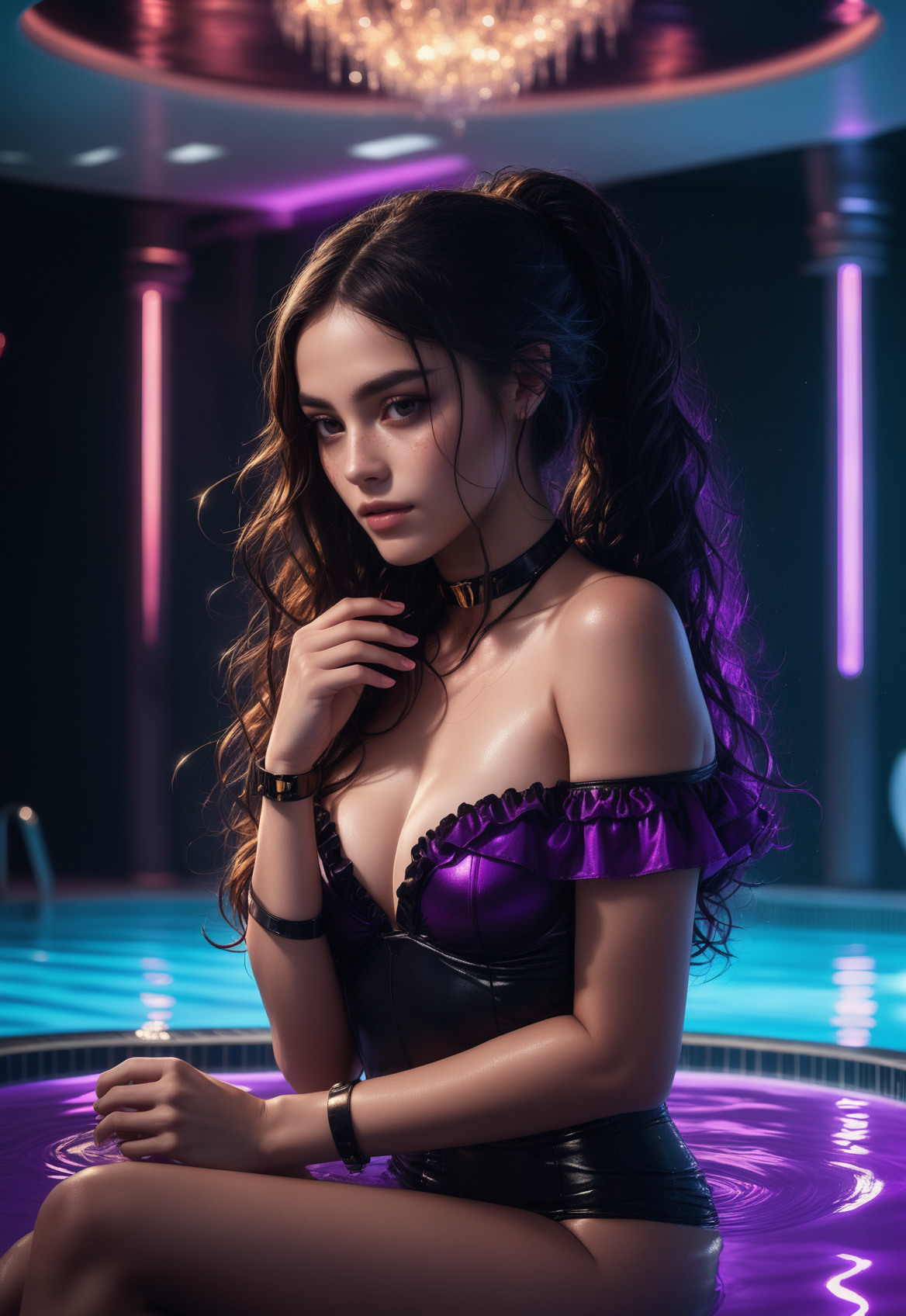 masterpiece, high quality,, Heijzel, black choker, wet ruffled bikini <lora:HeijzelSDXL-000005:0.85>,heijzel sitting in a pool inside a reij-mg room, dark ambient light, neon lights, purple chair  <lora:reij-moderngothic-000006:0.7>,, upper body view, holds a wooden vial in her hand