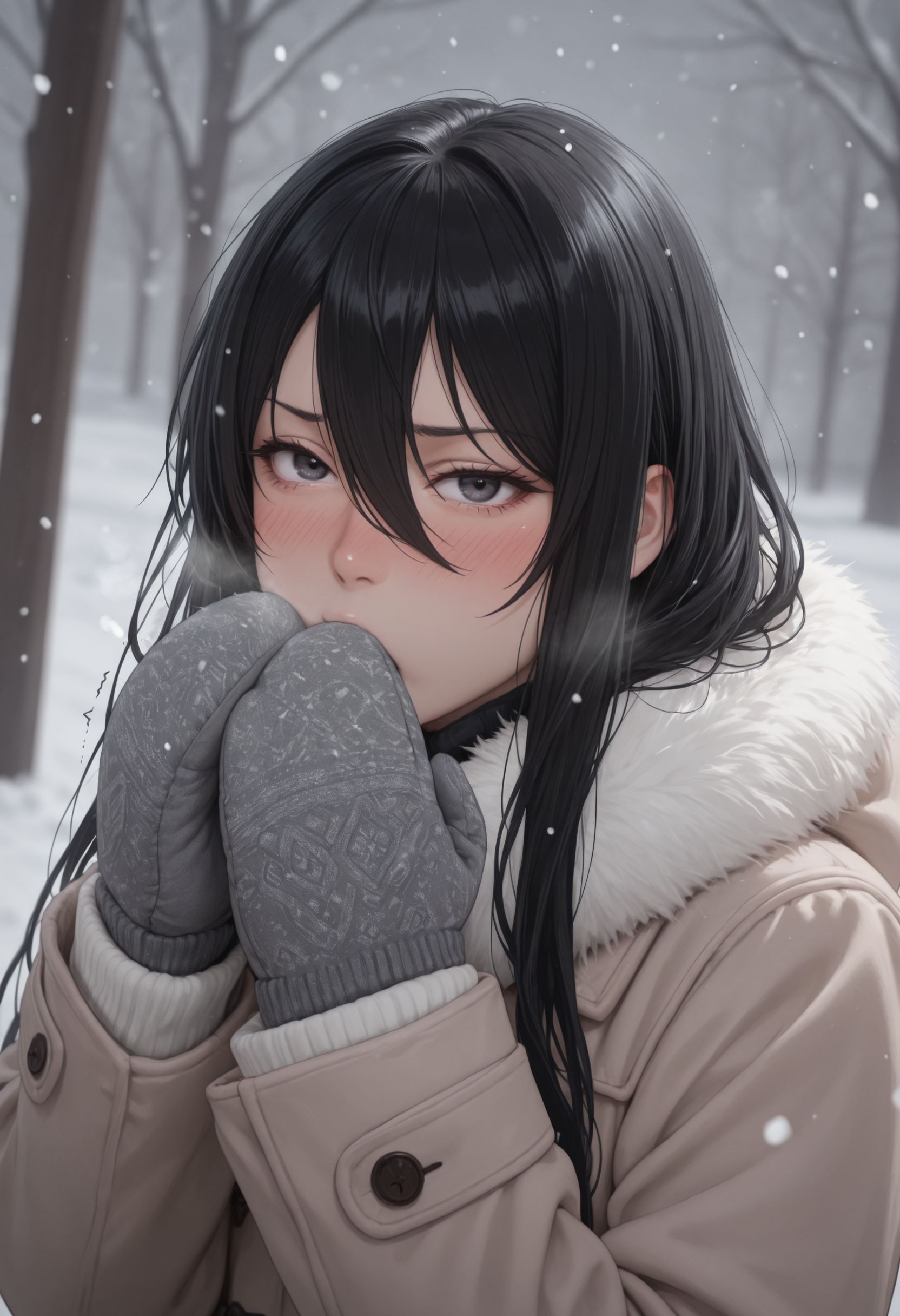 masterpiece, best quality, newest, (realistic:0.5), solo, looking at viewer,
 <lora:Seike Taroumarui Illu :1> 1girl, black hair, long hair, hair between eyes,  winter clothes, snow, nose blush, snowing, blush, trembling, mittens, sneezing