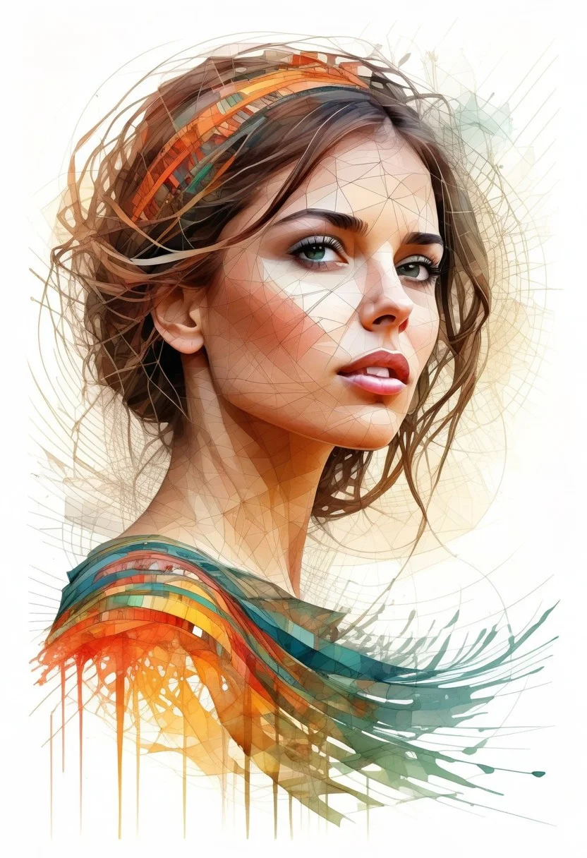 A beautiful girl, digital watercolor Illustration, summers cape sunrise, complex contrast, highly details, geometric Bauhaus abstract vector fractal, in style of Carne Griffiths, triadic colors, wave function