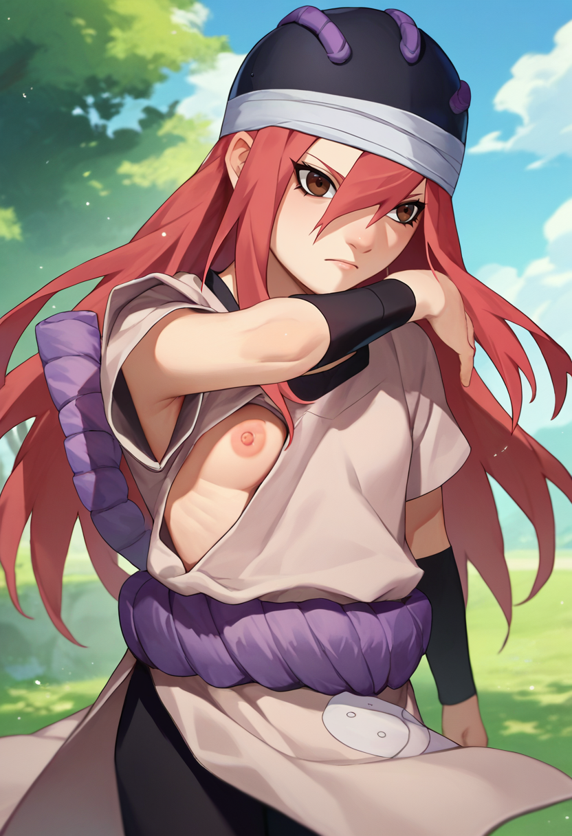 score_9, score_8_up, score_7_up, source_anime,  <lora:Tayuya-000012:1> tayuya, red hair, long hair, brown eyes,  black headwear, tan tunic,  arm warmers, 1girl, black shorts, outdoors, one breast out, purple rope belt,