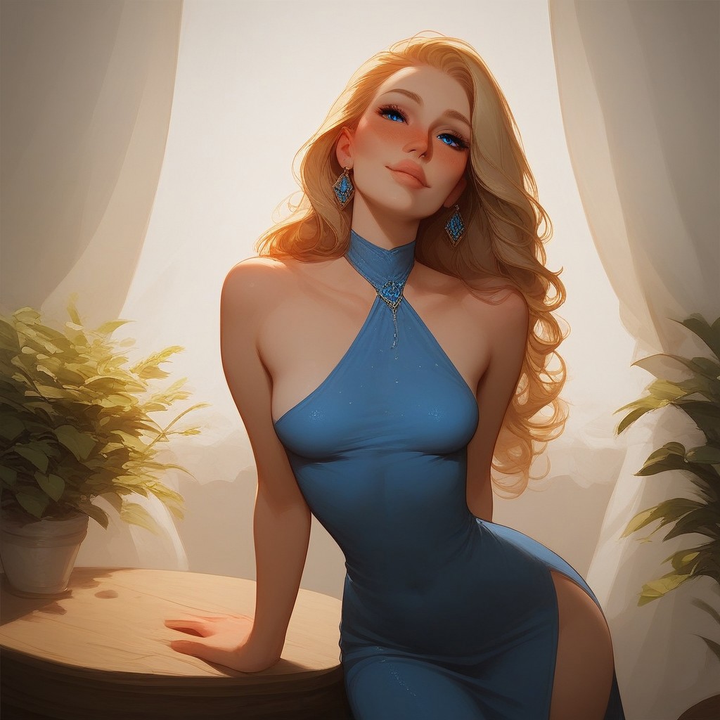 (score_9, score_8_up, score_7_up), (Amelie, blue eyes, blonde straight hair, perfect body, graceful body), solo, young adult, cute face, slender, nice curves, medium breasts, natural breasts, cleavage, medium ass, nose blush, hot, sexy, standing pose, face light, mouth, lips, nose,  easynegative, Expressiveh, zPDXL3, tight blue dress, midi dress, slit dress, sexy dress, dining room, wood floor, wood table, plants, windows, curtains, add detailed