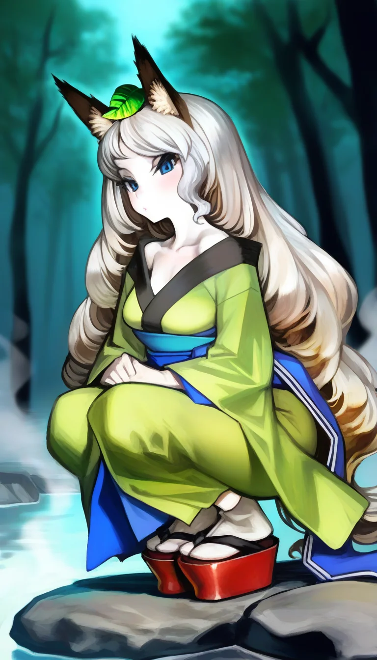 masterpiece,best quality,amazing quality,
<lora:yuzuruhaNAI:1>,yuzuruha,1girl,solo,pale skin,white hair,long hair,wavy hair,bangs,fox ears,a green leaf on head,blue eyes,
green kimono,blue obi belt,tabi socks,red platform geta,
squatting,looking at viewer,
outdoors,
forest,hot spring,steam,
depth of field,