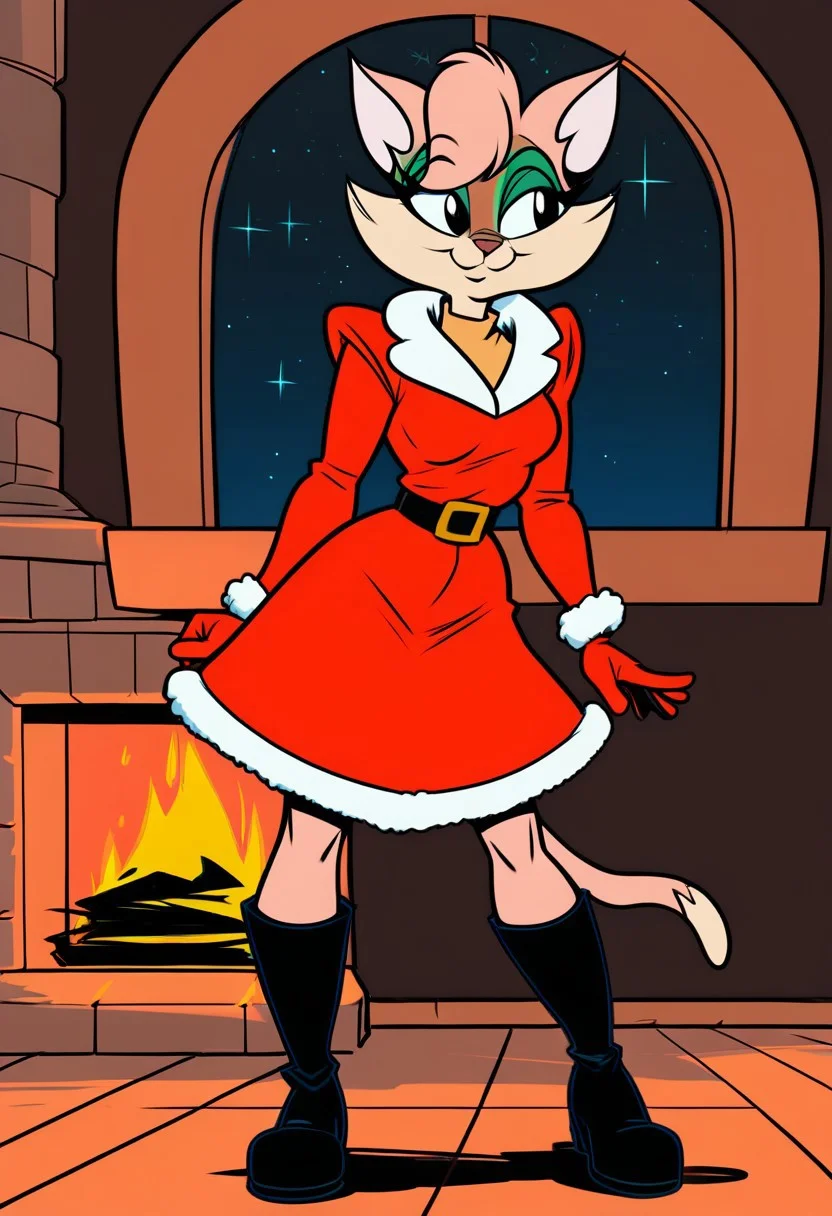 score_9, score_8_up, score_7_up, score_6_up, score_5_up, score_4_up, retro artstyle, BREAK 
Tabitha_Fantomcat,cat girl,short hair,1girl, red dress, furry female, dress, smile, furry, solo, christmas,black eyes, pink fur, night, fur trim, fire, fur-trimmed dress, animal ears, long sleeves, animal nose, window, breasts, boots, santa costume, standing, black footwear, fireplace, gloves, fur-trimmed sleeves,short hair, sky, star \(sky\), bag, alternate costume, looking to the side, closed mouth, night sky, belt, happy, santa dress, small breasts, indoors, medium breasts
<lora:tabitha-v1:1>