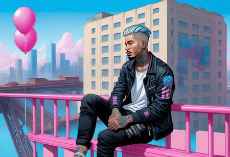 anime, a man with tattoos on his face rested on the railing of a bridge, city day, holiday, pink and blue balloons, a bridge with wooden columns and arches, a wooden floor ,(((light silver hair))),
a couple of large buildings, pink background, day, tall buildings, cyberpunk, cyberpunk art, retrofuturism<lora:Cyberpunk _Anime_sdxl:1.0>, vfx environment, ambient occlusion, highlights, corect eyes, black jacket with bedding,(((high - rise buildings)))