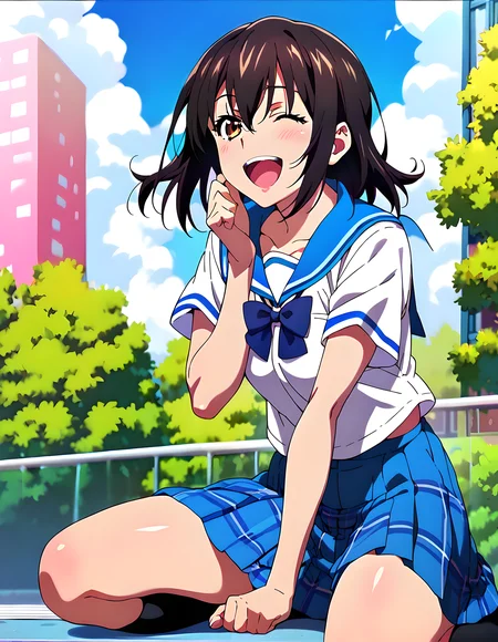 <lora:pony_xl_yukina:0.8>,yukina,score_9,score_8_up,score_7_up,source_anime,1girl,solo,looking at viewer,school uniform,serafuku,short sleeves,blue bowtie,pleated skirt,blue skirt,plaid,miniskirt,black socks,kneehighs,collarbone,city,laughing,