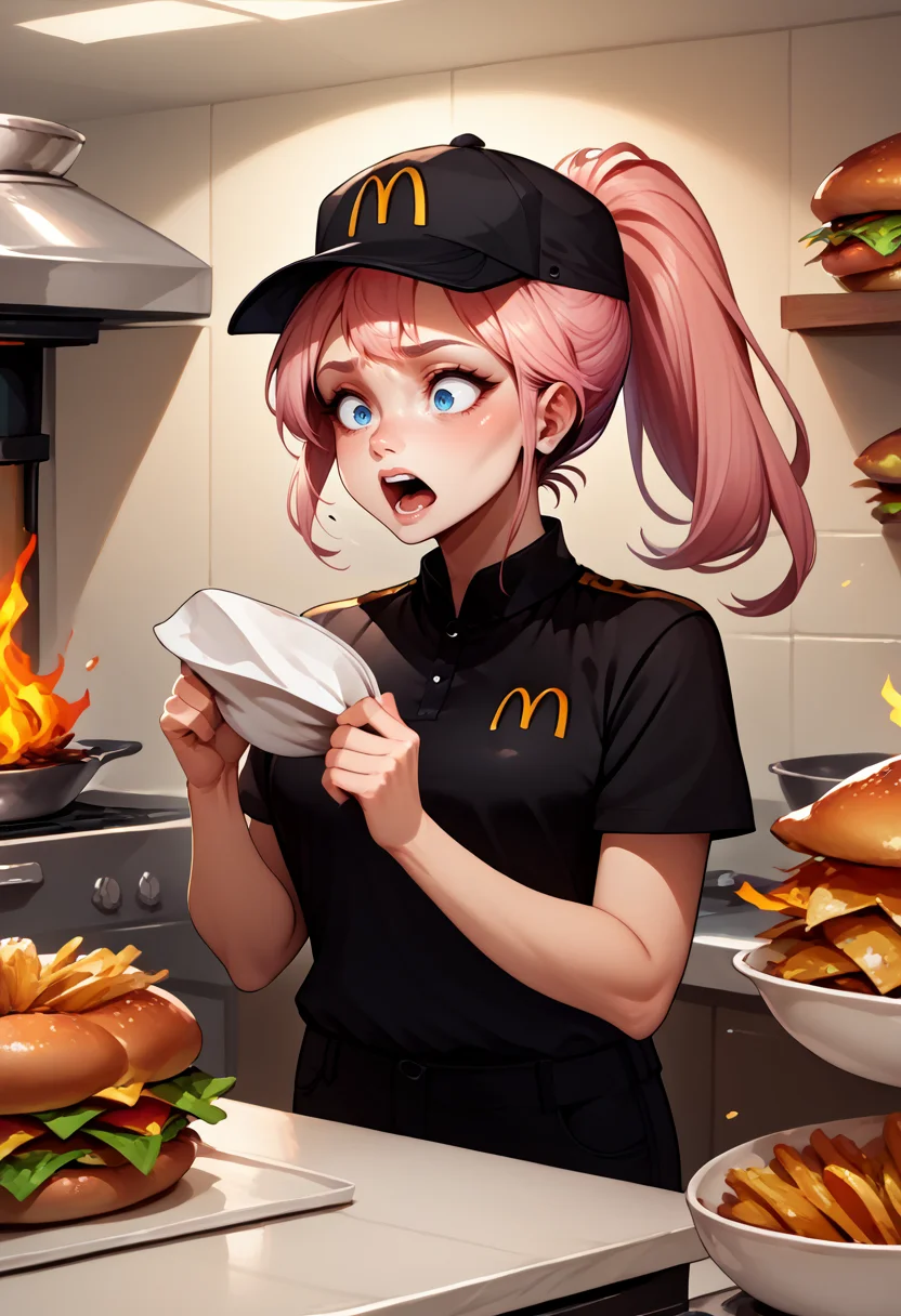 score_9, score_8_up, score_7_up, employee uniform, mcdonald's, black shirt, black pants, <lora:McDonaldsUniform_pdxl_Incrs_v1:1>, <lora:felicia-fe-richy-v1_xl:0.8> feliciadef, pink hair, ponytail, blue eyes, kitchen, burning food, food,panicking, shocked expression, from side, fries,