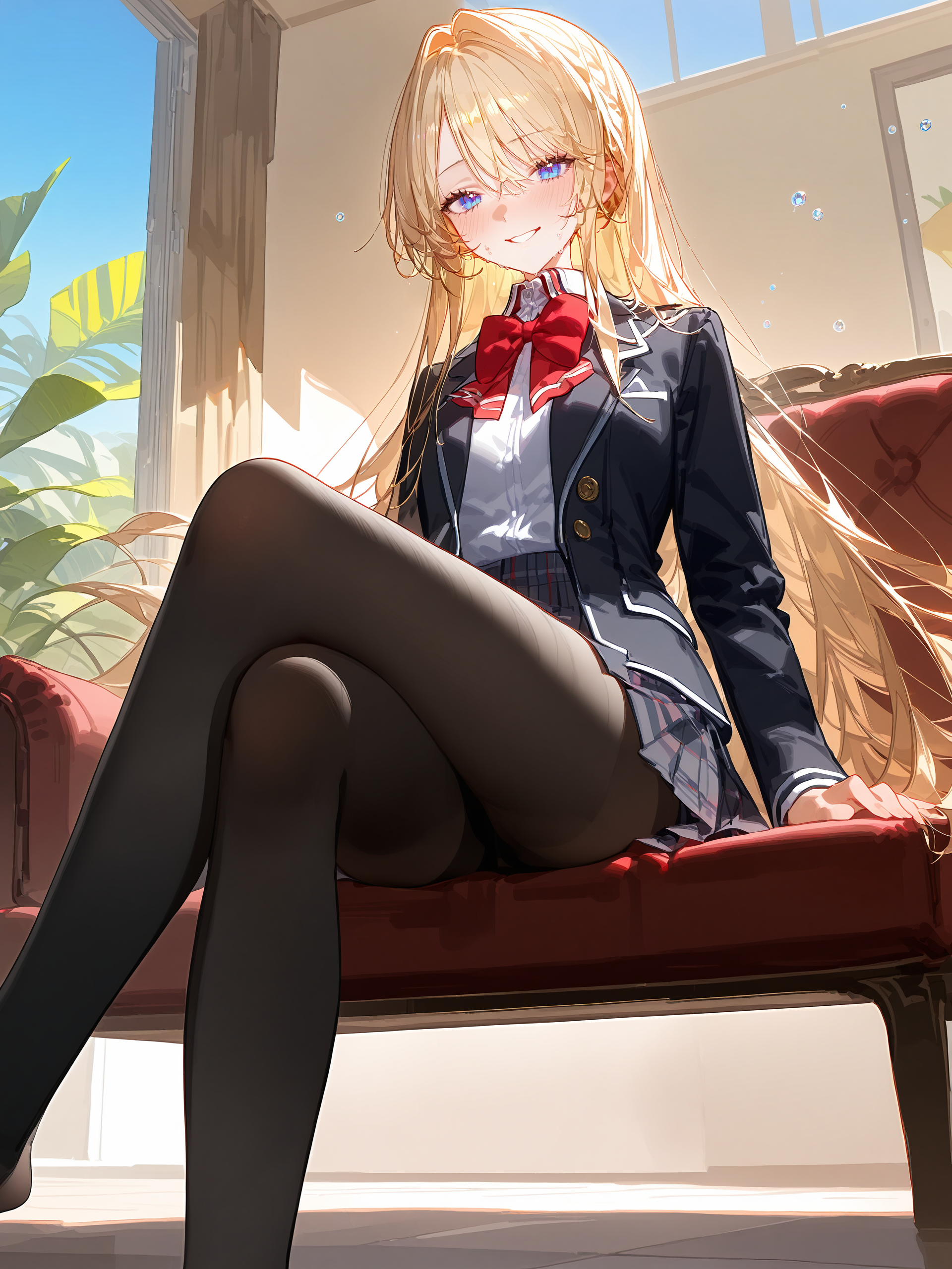 illustration, incredibly absurdres, ultra detailed, masterpiece, best quality, perfect features, intricate details, ray tracing, very aesthetic, (hitenkei, askzy:0.4), [<lora:XL-detailed_notrigger:0.95>::0.5], [:<lora:XL-aesthetic_anime:1.2>:0.5],  <lora:Char-Ouzuka_Mai-V1-SDXL:1>,  1girl, ouzuka mai, solo, blue eyes, school uniform, pleated skirt, plaid skirt, white collared shirt, blazer, red bowtie, black pantyhose, sitting, crossed legs, from below, on couch, windows, living room, foot focus, no shoes, gasping, ecstasy, seductive smile