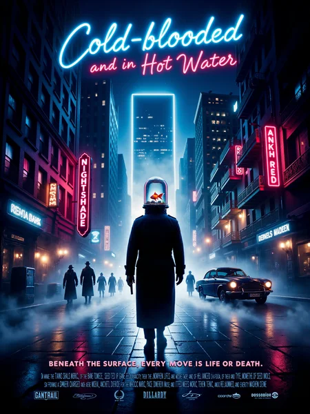 a dramatic, noir-inspired movie poster with the text "Cold-blooded" in blue and the text "and in Hot Water" below it in red letters, the tagline reads: "beneath the surface, every move is life or death", the poster captures the dark and mysterious atmosphere of a high-stakes spy thriller, centered around a. j. carmichael - a man with a transparent fishtank helmet containing a goldfish, he is dressed in a long dark trenchcoat and wears black gloves holding a pistol, the camera view is angled slightly upwards, a neon sign with the text: "Nightshade" above the entrance of a nearby nightclub hints at the peril carmichael is facing, the background reveals a sleek, futuristic cityscape bathed in moody blues and purples, with neon signs reflecting off the rain-slicked streets, in the distance, an imposing skyscraper with dark, tinted windows looms over the city, its outline sharp against the night sky, subtle reflections add depth to the gritty urban setting, a. j. carmichael is walking in the center, dramatically backlit, casting a long shadow across the rain-soaked pavement, in the distant background, dark figures in trench coats and fedoras can be seen in pursuit, their silhouettes nearly blending into the misty streets, heightening the sense of urgency and threat, just behind the main character to the left side, a sleek, black vintage car with its headlights cutting through the fog is parked at the roadside behind carmichael, suggesting the driver is observing him - reinforcing the suspense and sense of danger, the color palette consists primarily of deep blues, blacks, and silvers, with sharp contrasts provided by neon lights in red and cyan, the lighting is harsh, with strong contrasts between deep shadows and bright highlights, further enhancing the noir atmosphere, the rain creates a misty effect, adding layers of mystery and intrigue, with the towering cityscape looming behind, hazy background, movie credits at the bottom in narrow, white text, mad-neon-noir, <lora:fishtank_head-v0.2-flux-by_ajuro:1.0> <lora:text_improver-v0.2-flux-by_aidma:0.5> <lora:style-neon_noir-flux-by_madcaddie:0.32> <lora:image_enhancer-flux-by_dever:0.6>