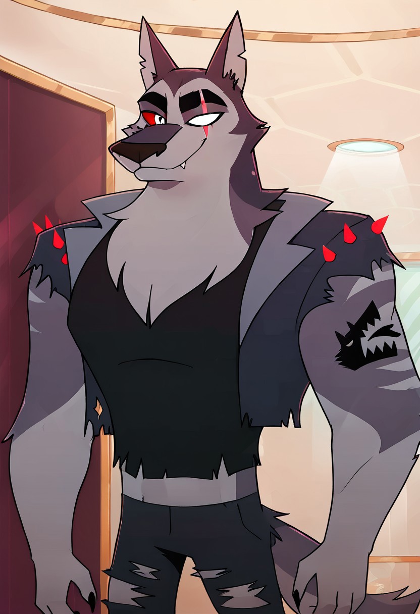 SCORE_9, SCORE_8_UP, SOURCE_ANIME, REALISTIC, BREAK, 1MALE, TEX, FACE FOCUS, PORTRAIT, FURRY, GREY FUR, (SCAR ACROSS EYE), (BLANK GLASS EYE), RIGHT EYE SILVER, RIGHT RED SCLERA, EAR SLITS, TANK TOP, SPIKED LEATHER VEST, RIPPED JEANS, ARM TATTOO, BREAK, STRIP CULB, FURRY STRIPERS, HIGH RESOLUTION, VIVD TEXTURES