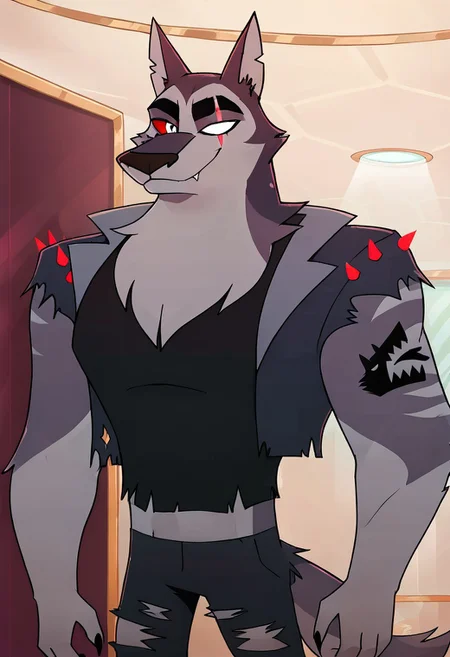 SCORE_9, SCORE_8_UP, SOURCE_ANIME, REALISTIC, BREAK, 1MALE, TEX, FACE FOCUS, PORTRAIT, FURRY, GREY FUR, (SCAR ACROSS EYE), (BLANK GLASS EYE), RIGHT EYE SILVER, RIGHT RED SCLERA, EAR SLITS, TANK TOP, SPIKED LEATHER VEST, RIPPED JEANS, ARM TATTOO, BREAK, STRIP CULB, FURRY STRIPERS, HIGH RESOLUTION, VIVD TEXTURES