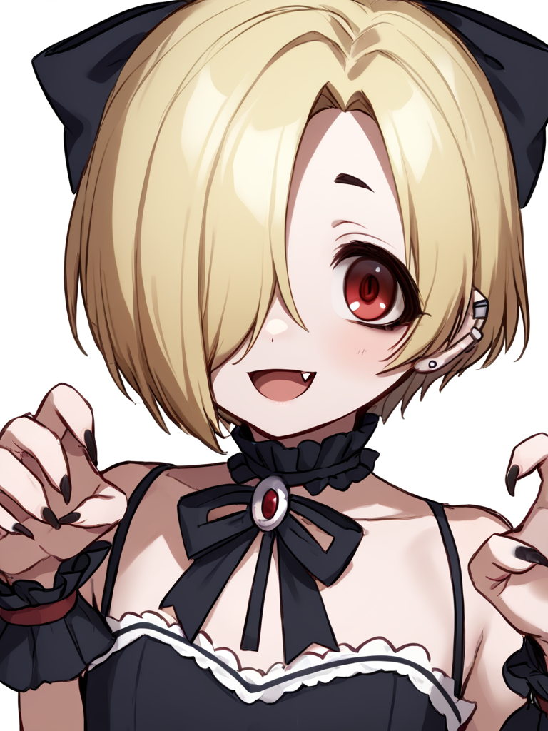 score_9,score_8_up,score_7_up, <lora:idolmaster_cinderella_all:1>ï¼1girl, bare shoulders, blonde hair, dress, fang, flat chest, hair bow, hair over one eye, highres, looking at viewer, open mouth, paw pose, red eyes, shirasaka koume, short hair, simple background, sketch, smile, solo, upper body, white background