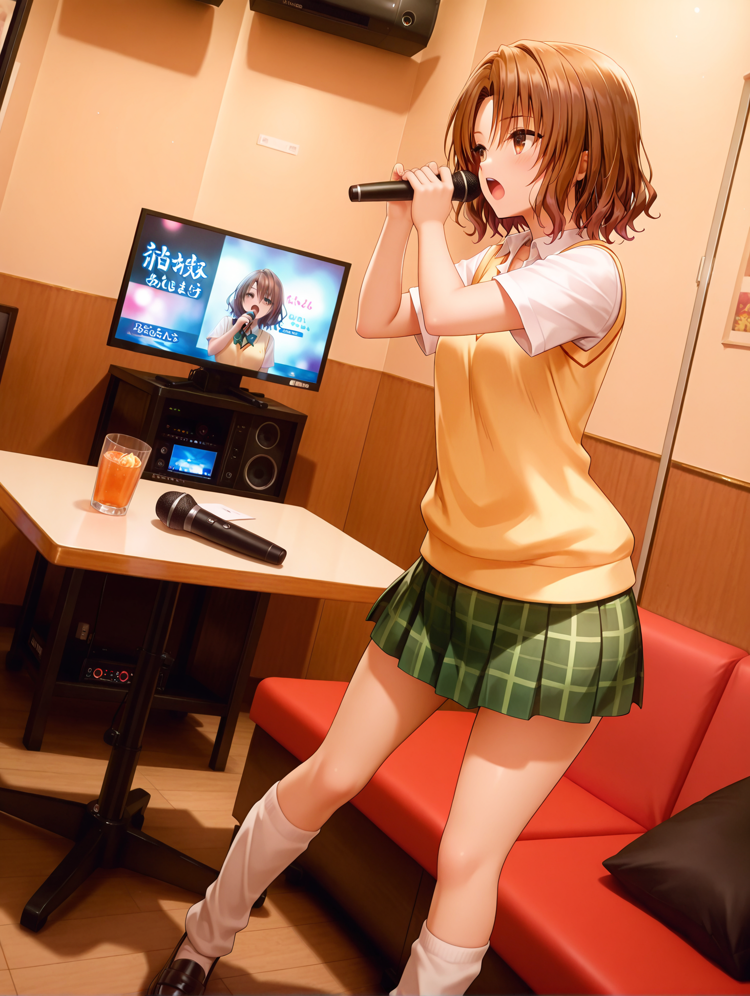 masterpiece,best quality,newest,
1girl,solo,<lora:j_karaoke_ilxl_v1:1>,j_karaoke,
<lora:m_risa_ilxl_v1.1>,momioka,brown hair,brown eyes,m_clothes,short sleeve blouse,sweater vest,green plaid skirt,loose_socks,loafers,
<lora:Fixhands_anime_bdsqlsz_V1:1>,microphone,singing,standing,dynamic_angle,cinematic_angle,dutch angle,monitor,table,drinking_glass,multiple bags,