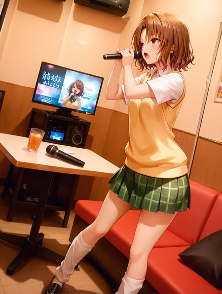 masterpiece,best quality,newest,
1girl,solo,<lora:j_karaoke_ilxl_v1:1>,j_karaoke,
<lora:m_risa_ilxl_v1.1>,momioka,brown hair,brown eyes,m_clothes,short sleeve blouse,sweater vest,green plaid skirt,loose_socks,loafers,
<lora:Fixhands_anime_bdsqlsz_V1:1>,microphone,singing,standing,dynamic_angle,cinematic_angle,dutch angle,monitor,table,drinking_glass,multiple bags,