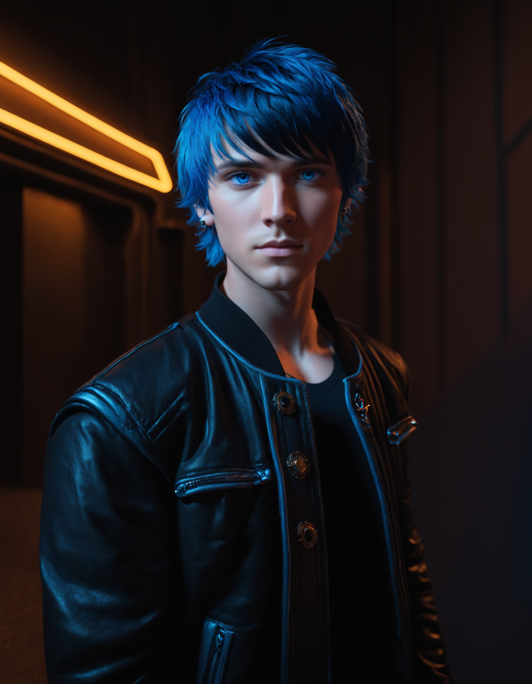 1boy, Kristoff O'hanlon, slsxl style, solo, solo focus, looking at viewer, short hair, bangs, blue eyes, black hair, jewelry, blue hair, jacket, open clothes, open jacket, black jacket, cinematic lighting, neon rim lighting, side lighting, rembrandt lighting, cinematic angle, masterpiece, best quality , <lora:SL_SDXLv1:0.5>