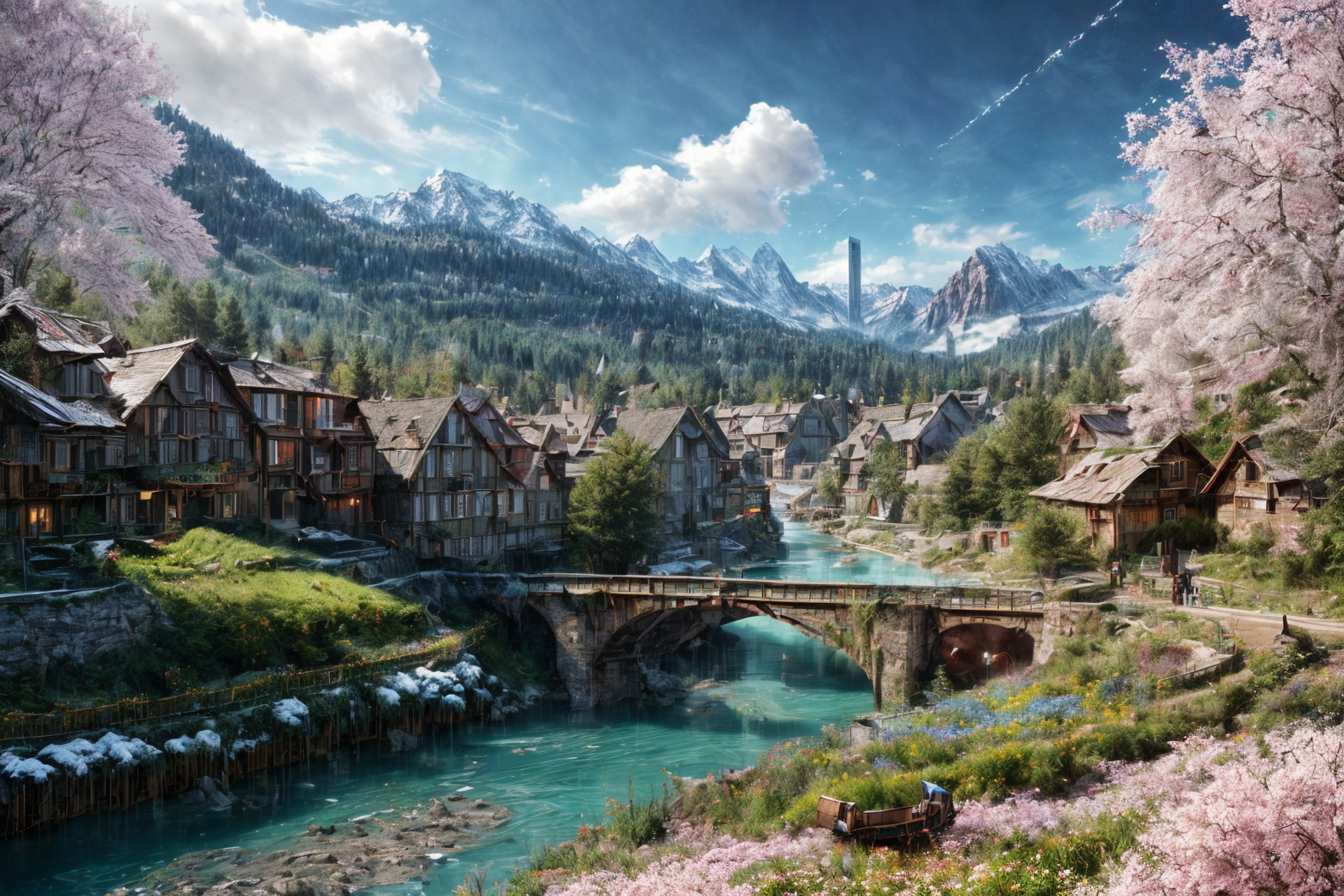 (RAW photo, 8k uhd, Analog style, Masterpiece, Best Quality, Highres:1.4), (dramatic, cinematic:1.2), BREAK,
movie shot of colorful hyperdetailed fantastic fantasy mysterious magic landscape, above clouds, (medieval elven fantasy (village:1.35), (steampunk:1.05) (peasant:1.15) (robots:1.1) (crowd:1.35), playing (little steampunk (girl:1.25):1.1), (farm:1.31), (lake, (river:1.14):1.15), (bridges:1.4), (waterfalls:1.35), (boat:1.4), (dock:1.1), (cliff:1.35), road, (green:1.05) valley, (flowers:1.2), (maple trees:0.65), (green:1.05) (fields:1.3), (fences:1.3), (snowy:1.17) (pines:1.1), (pink:1.0) (flowering tree:1.12):1.22), BREAK,
((mountains:1.22), (futuristic:1.15) (overgrown:1.27) (skyscrapers:1.53) (ruins:1.35), (market, water wheel, castle:1.14), (colorful houses:1.2), birds, stairs, spaceport, ((bright morning sun daylight:1.05) rainbow pure (blue:1.05) sky, glowing:1.05), starry, crescent, meteor, ((fluffy cloud:1.2), godrays, light particles:1.05), various seasons, steam, smokes:1.2), BREAK,
(photorealistic:1.2), (intricate:1.3), (light theme:1.3), (inspiring joyful atmosphere:1.2), (fabulous, fantasy, mysterious, science fiction, post-apocalypse, incredible, amazing, happy, sunny, pastoral:1.2), (hyperdetailed, absurdres:1.2), (colorful, saturated:1.4), colorful lighting, BREAK,
<lora:more_details:1>,