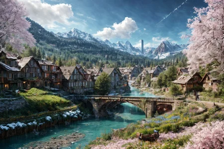 (RAW photo, 8k uhd, Analog style, Masterpiece, Best Quality, Highres:1.4), (dramatic, cinematic:1.2), BREAK,
movie shot of colorful hyperdetailed fantastic fantasy mysterious magic landscape, above clouds, (medieval elven fantasy (village:1.35), (steampunk:1.05) (peasant:1.15) (robots:1.1) (crowd:1.35), playing (little steampunk (girl:1.25):1.1), (farm:1.31), (lake, (river:1.14):1.15), (bridges:1.4), (waterfalls:1.35), (boat:1.4), (dock:1.1), (cliff:1.35), road, (green:1.05) valley, (flowers:1.2), (maple trees:0.65), (green:1.05) (fields:1.3), (fences:1.3), (snowy:1.17) (pines:1.1), (pink:1.0) (flowering tree:1.12):1.22), BREAK,
((mountains:1.22), (futuristic:1.15) (overgrown:1.27) (skyscrapers:1.53) (ruins:1.35), (market, water wheel, castle:1.14), (colorful houses:1.2), birds, stairs, spaceport, ((bright morning sun daylight:1.05) rainbow pure (blue:1.05) sky, glowing:1.05), starry, crescent, meteor, ((fluffy cloud:1.2), godrays, light particles:1.05), various seasons, steam, smokes:1.2), BREAK,
(photorealistic:1.2), (intricate:1.3), (light theme:1.3), (inspiring joyful atmosphere:1.2), (fabulous, fantasy, mysterious, science fiction, post-apocalypse, incredible, amazing, happy, sunny, pastoral:1.2), (hyperdetailed, absurdres:1.2), (colorful, saturated:1.4), colorful lighting, BREAK,
<lora:more_details:1>,