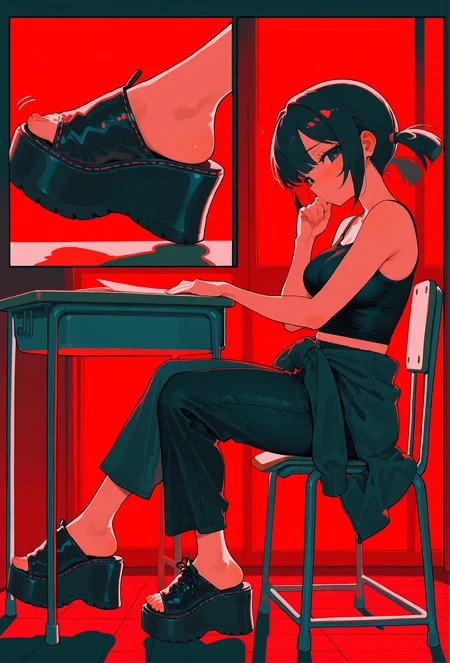 masterpiece, best quality, amazing quality, very aesthetic, high resolution, ultra-detailed, absurdres,
multiple views, poses,
(close-up inset of feet and shoes), detailed feet, foot focus, perfect feet,
(1gu4n4 sandals), (platform footwear:1.2), black footwear,
1girl,
sitting in chair, desk,
from side,
classroom, cinematic lighting, side lighting, red theme,
loose clothing, black tanktop, loose pants, capri pants, black pants, black clothing, hoodie tied around waist,,
blushing, looking at viewer, flirting, shy,
cute face, perfect face,
medium breasts,
black hair, short hair, quad tails, goth,
