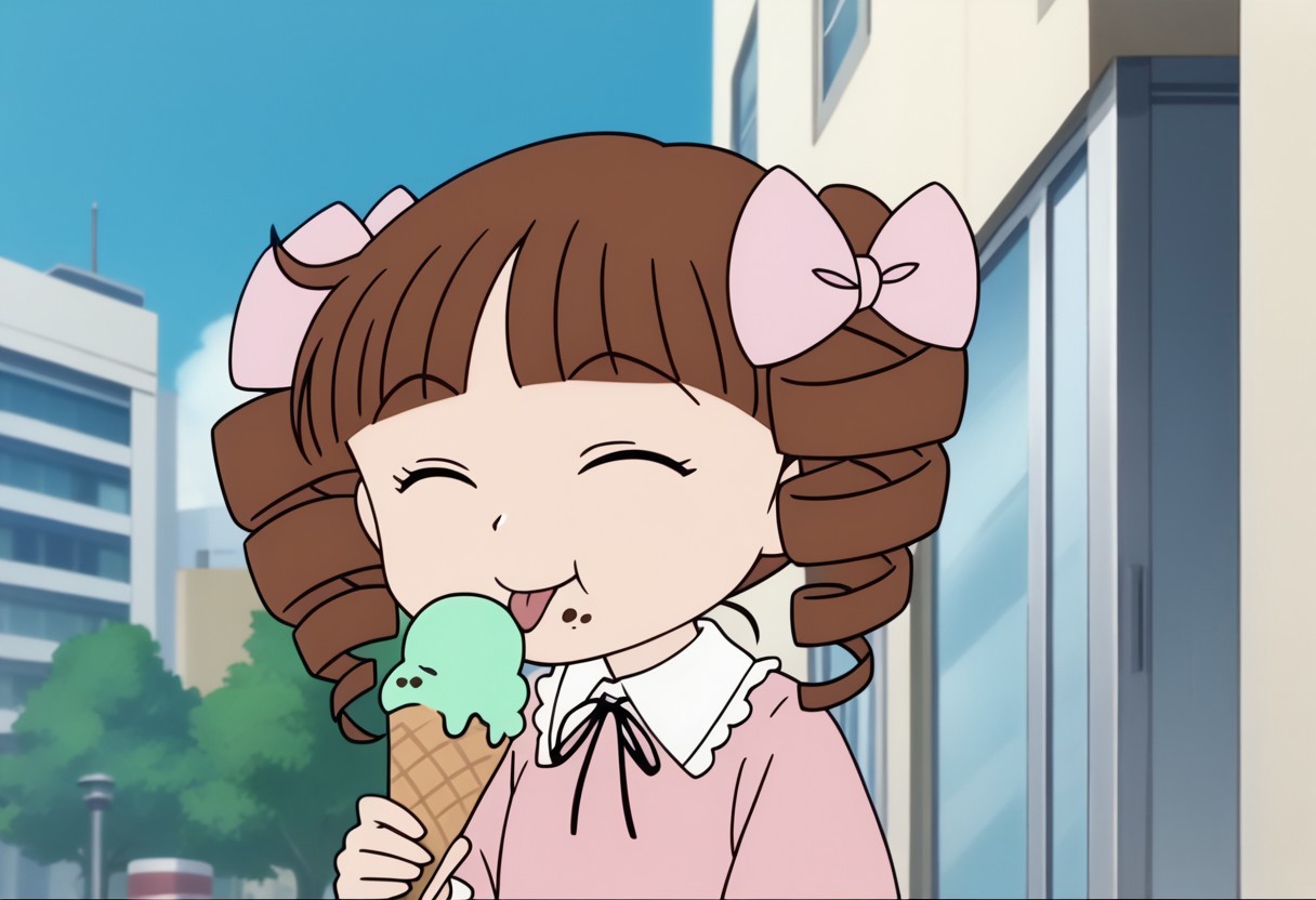 score_9, score_8_up, score_7_up BREAK HimekoJ, 1girl, brown hair, hair drills, blunt bangs, closed eyes, light pink ribbons, white-collared long-sleeved light pink dress, face view, face closeup, tongue out, eating ice cream, holding ice cream, happy, screenshot, official art, parody, anime footage, official design, screencap, anime screenshot, official screenshot, 2d, anime, source_anime, solo, solo focus, city background, city outdoors,