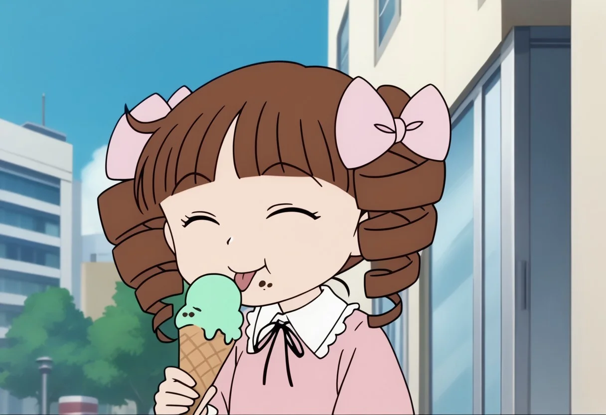 score_9, score_8_up, score_7_up BREAK HimekoJ, 1girl, brown hair, hair drills, blunt bangs, closed eyes, light pink ribbons, white-collared long-sleeved light pink dress, face view, face closeup, tongue out, eating ice cream, holding ice cream, happy, screenshot, official art, parody, anime footage, official design, screencap, anime screenshot, official screenshot, 2d, anime, source_anime, solo, solo focus, city background, city outdoors,
