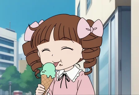 score_9, score_8_up, score_7_up BREAK HimekoJ, 1girl, brown hair, hair drills, blunt bangs, closed eyes, light pink ribbons, white-collared long-sleeved light pink dress, face view, face closeup, tongue out, eating ice cream, holding ice cream, happy, screenshot, official art, parody, anime footage, official design, screencap, anime screenshot, official screenshot, 2d, anime, source_anime, solo, solo focus, city background, city outdoors,