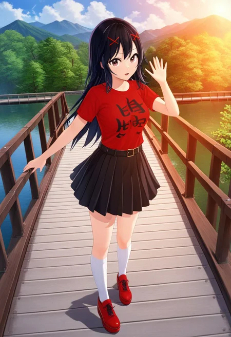 (masterpiece, best quality, absurdres), (realism:2), Yumi Yamaguchi, long hair:0.5, (black hair:2), red hair clip, 1girl, solo, (standing on bridge:2), (waving at viewer:2), Arms stretched up, (magical girl outfit)
