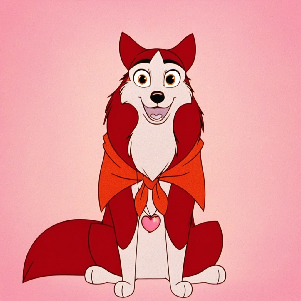 jenna\(balto\), red fur, two tone fur, neckerchief, canine, amber eyes, (((sitting))), ((((((front view)))))), (((looking at viewer))), (((large, expressive eyes))), (((wearing pink heart necklace))), (((happy))), (((flirty))), (((smiling))), (((open mouth))), (((mostly open eyes))), smug, (((full body view))), ((((((tall)))))), ((((lean body))))