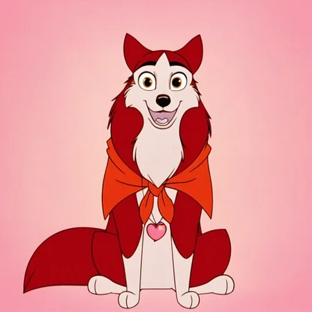 jenna\(balto\), red fur, two tone fur, neckerchief, canine, amber eyes, (((sitting))), ((((((front view)))))), (((looking at viewer))), (((large, expressive eyes))), (((wearing pink heart necklace))), (((happy))), (((flirty))), (((smiling))), (((open mouth))), (((mostly open eyes))), smug, (((full body view))), ((((((tall)))))), ((((lean body))))
