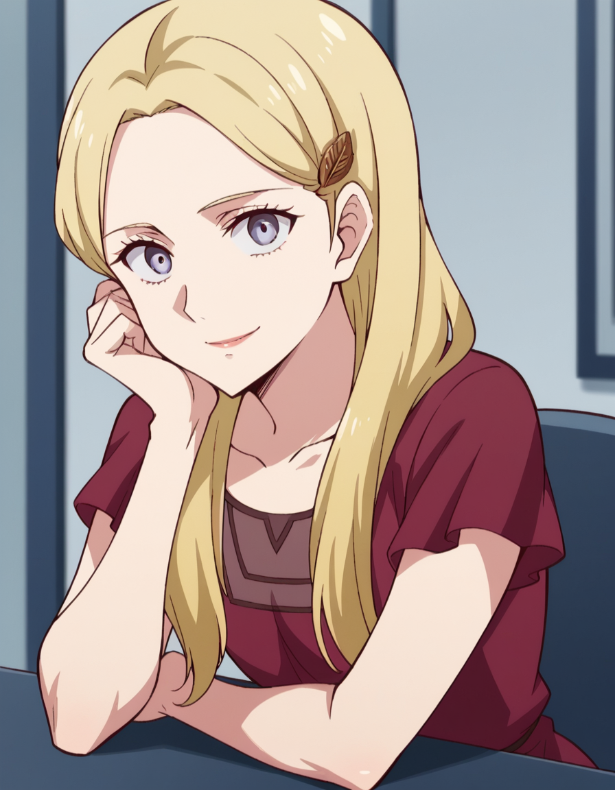 score_9, score_8_up, score_7_up, source_anime, <lora:polina-livinskaya-s1-ponyxl-lora-nochekaiser:1>, polina livinskaya, long hair, blonde hair, hair ornament, hairclip, grey eyes, forehead,, dress, collarbone, short sleeves, red dress,, indoors, sitting, head rest, table,, smile, looking at viewer, solo,, cowboy shot, dutch angle