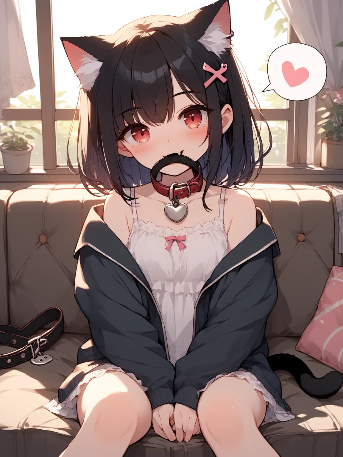 1girl, 
(holding collar with mouth), holding,collar, 
(pov), (cat ear),(cat red eyes), (cat tail ornament, ring),(head tilt), black hair, (x hairpin),(fang), gothic jacket, (spoken heart:1.5), smile, (happy), kind, blush, collarbone, looking at viewer, sitting on sofa, in room, score_9, score_8_up, score_7_up, source_anime, rating_explicit, best quality, masterpiece, uncensored
<lora:collar4u-v3-pony-000010:1>