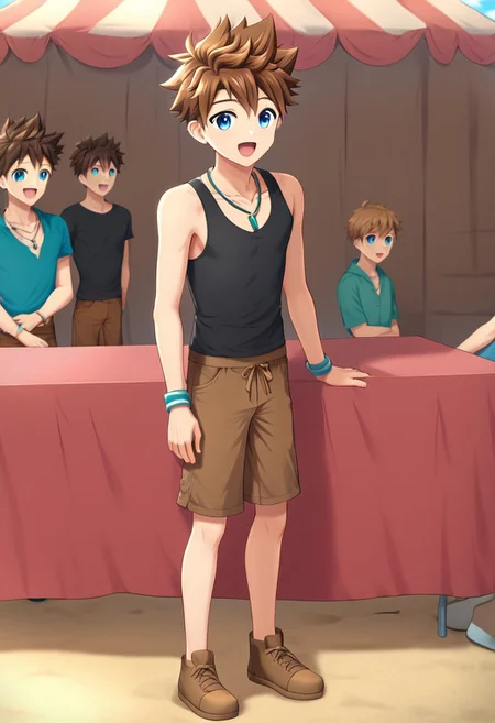 okada_zenya, brown hair, spiky hair, blue eyes, solo focus, 1boy, solo, necklace, hand band, black tank top, brown shorts, full body, outdoor, sunny day, market in the background