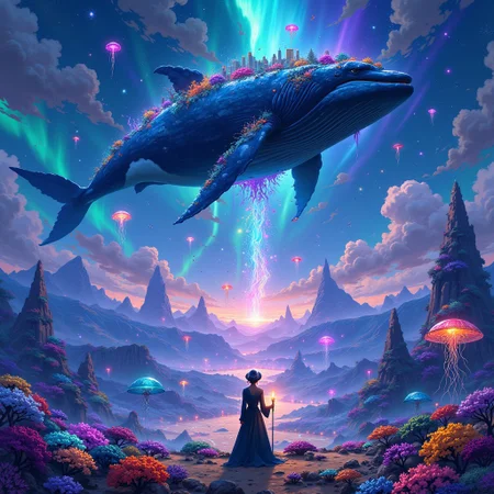 3pic_vist4, anime_martz, a massive floating whale drifts above a glowing desert where vibrant coral reefs grow from the sand, under an aurora-lit sky. A lone figure, dressed in Victorian-era clothing and holding a candle, stands on a mountain-sized jellyfish, gazing at an upside-down forest suspended in the sky. In the distance, neon pyramids pulse to an unseen rhythm, and waterfalls flow upward into the clouds. Fireflies as large as planets hover in the background, casting an ethereal glow over this otherworldly landscape.