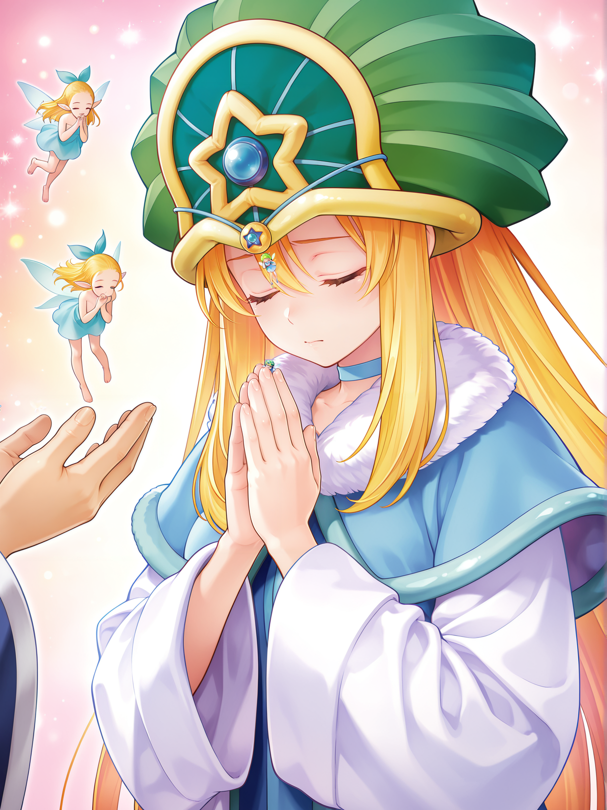 official alternate costume, 1girl, 3others, doriado, closed eyes, solo focus, fairy, official art, blue choker, green wizard hat, blue rope, fur trim, clasped hands pose,
masterpiece,best quality,amazing quality,very aesthetic,absurdres,newest,<lora:Doriado 4 in 1 illusXL v1.1:0.7>,