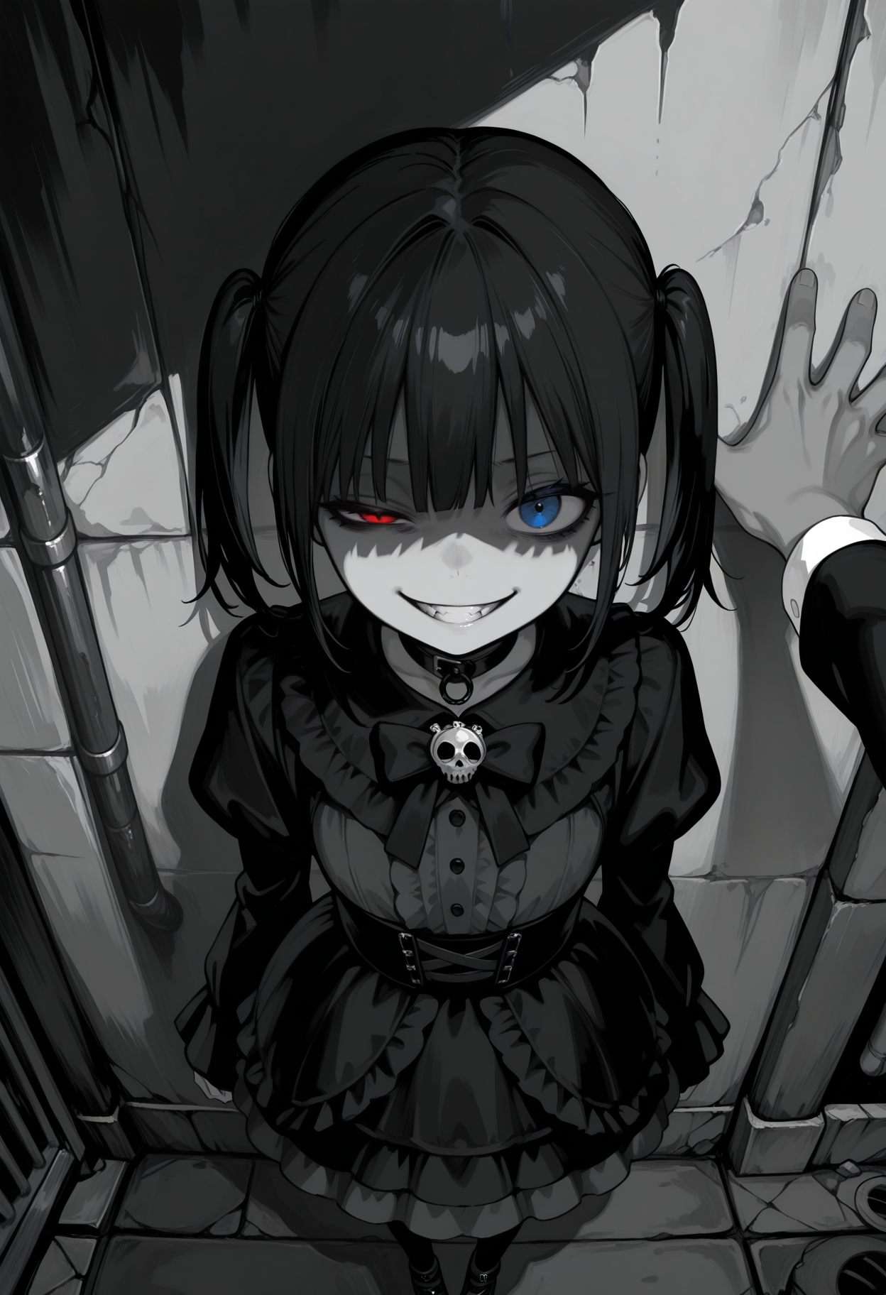 monochrome, greyscale,1girl, solo focus, half-closed eye, reaching_towards_viewer,looking at viewer, from above,alley, twintails, heterochromia, blue eye,red eye,evil grin,gothic fashion, shaded face, masterpiece, very aesthetic, absurdres,kodoku, povkabedon,<segment:yolo-AnzhcFace-seg_640_v3_y11n.pt-1,0.3,0.15//cid=11>