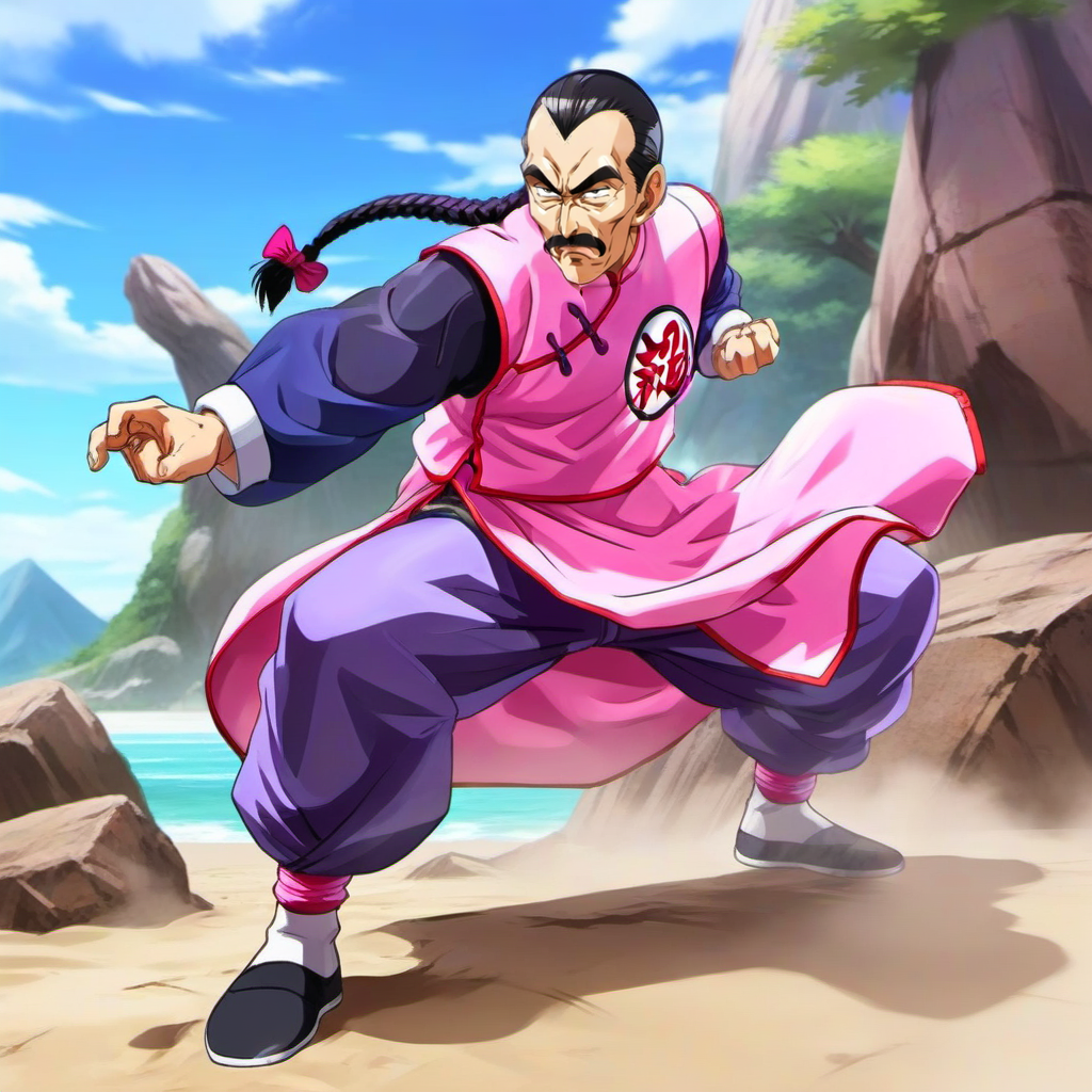 anime artwork full body portrait 1boy, mustache, solo, single braid, black hair, pink and purple chinese clothes, facial hair, fighting stance, pull out the Tang, beach, jungle<lora:TaoPaiPai1024:0.8> . anime style, key visual, vibrant, studio anime,  highly detailed
