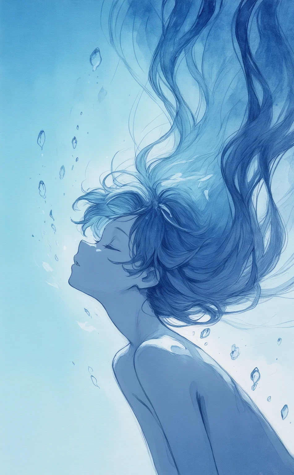masterpiece, best quality, amazing quality, 1girl, solo, long hair, bare shoulders, blue hair, closed eyes, nude, parted lips, profile, floating hair, looking up, underwater, traditional media, monochrome, painting \(medium\), watercolor \(medium\), graphite \(medium\),
blue theme, fuyumur4s4ki_illu <lora:fuyumur4s4ki_style:0.7>