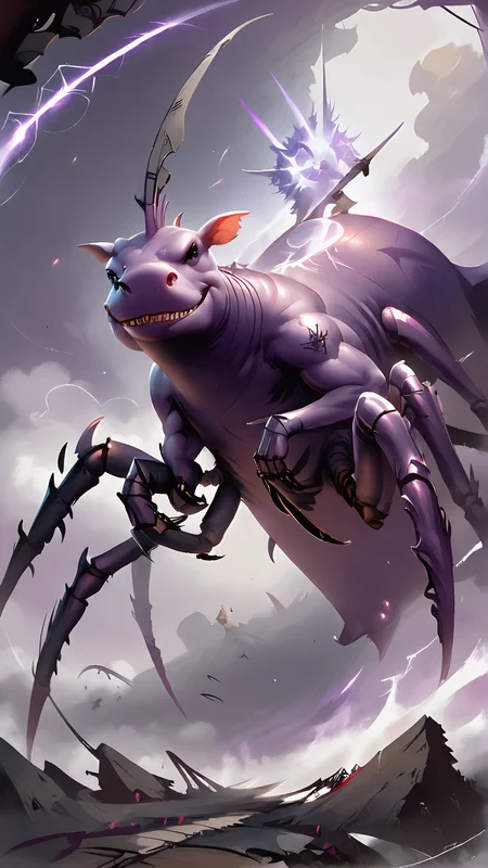 <lora:4r4chn1dPony:0.75>, score_9, score_8_up, score_7_up, score_6_up, fantasy 4r4chn1d, concept art, digital art, realistic, detailed face, solo, arachnid, Hippopotamus inspired desktop wallpaper, official_wallpaper, atmospheric, warrior, smirk, combat stance, holding a weapon, purple hair, Black skin, Topknot, <lora:Smooth Anime 2 Style SDXL_LoRA_Pony Diffusion V6 XL:0.8>, in location meteor crater, (Masterpiece:1.3) (best quality:1.2) (high quality:1.1)