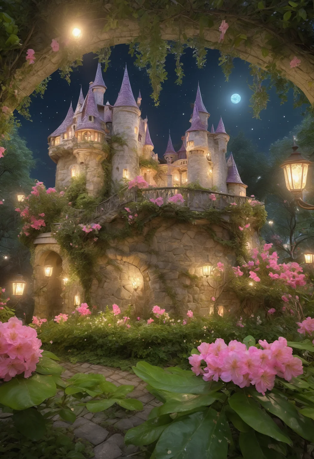 photo of fl0rRos1ta flower bush, inside a whimsical castle garden, magical creatures, twinkling lights, moonlit night, enchanting ambiance, fairy tale magic, 4K quality <lora:fl0rRos1ta_XL_epoch_8:0.8>