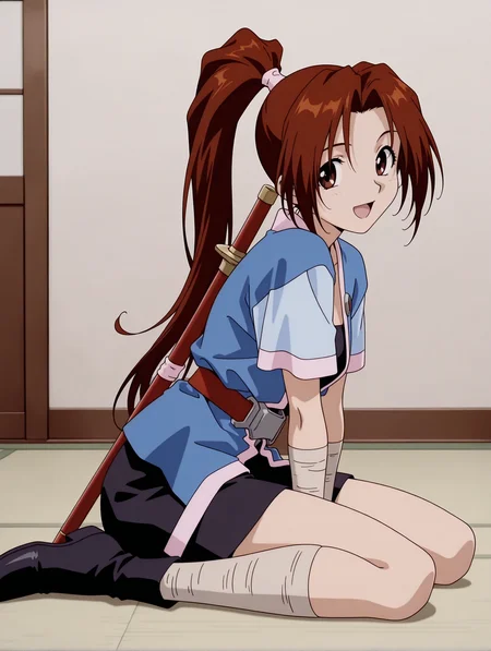 masterpiece,best quality,newest,
1girl,solo,
<lora:sakura_ilxl_v1.0>,sakura,high ponytail,brown hair,brown eyes,
s_clothes,short_sleeves,open clothes,belt,ribbon,black short culottes,bandaged legs,black footwear,sheath_on_back,
<lora:Fixhands_anime_bdsqlsz_V1:1>,looking_at_viewer,wariza,:d,