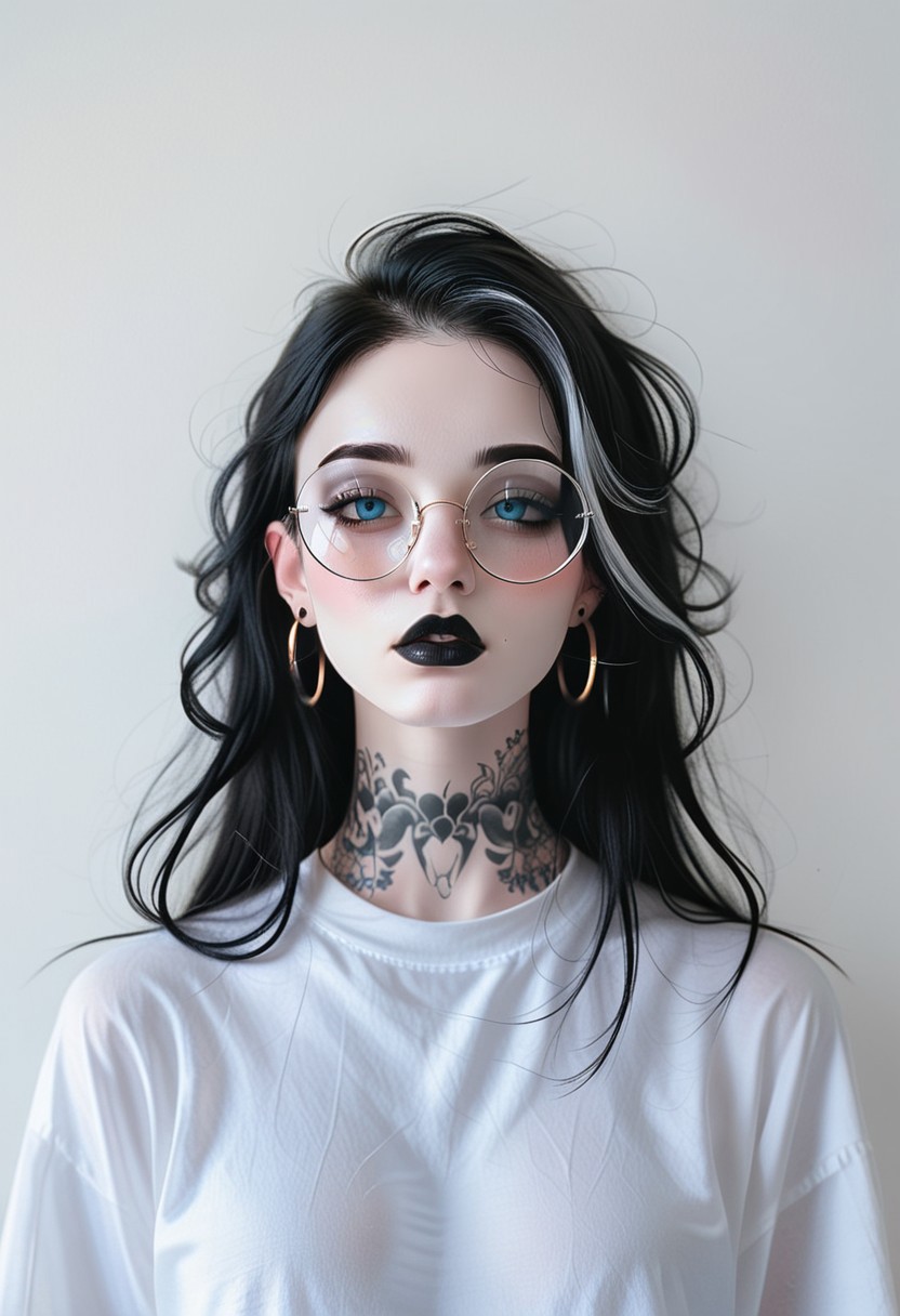 <'ctdrm':(
('dreamy'+'cinematic'+'soft lighting'+'realistic'+'ethereal mood'),
('portrait'+'closeup'+'solo'+'detailed'),
('simple white background'))>,
BREAK
<'1girl':(
('goth girl'+'pale skin'+'multicolor hair'+'long hair'+'black lipstick'+'blue eyes'+'light blush'),
('hoop earrings'+'detailed round glasses'),
('white tshirt'+'tattoos'+'black makeup'))>